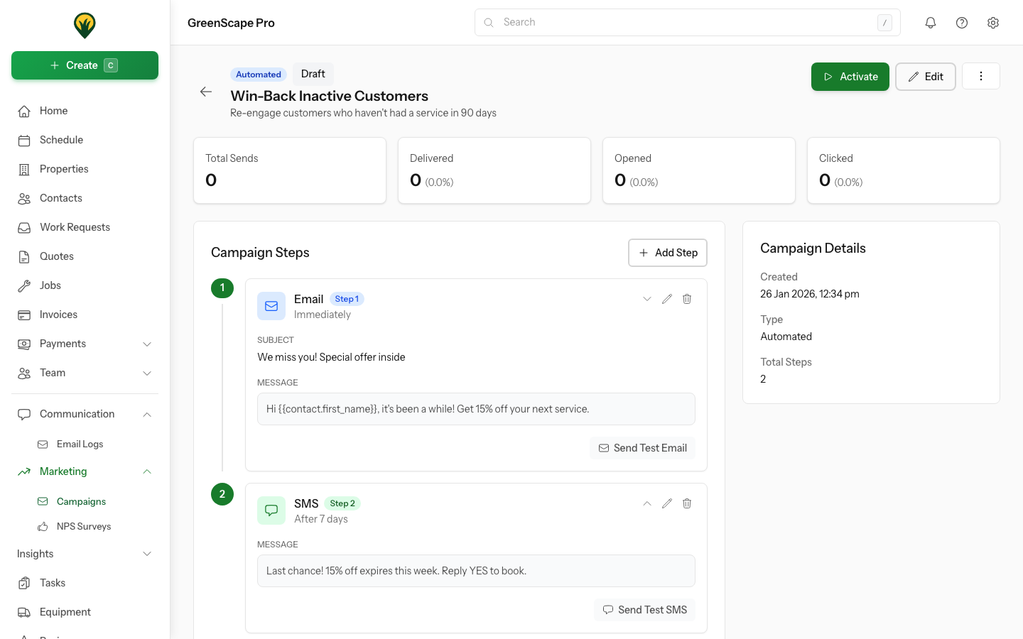Campaign detail page showing campaign steps, timing, content, and configuration options