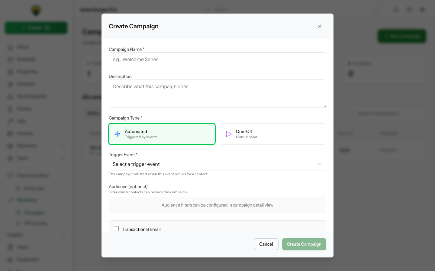 Create campaign modal showing fields for campaign name, description, and type selection between automated or one-off