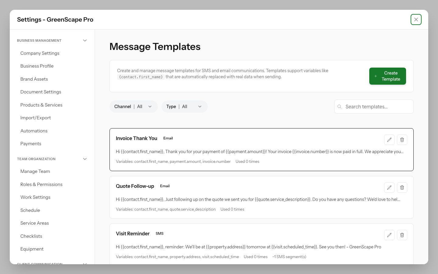 Communication templates list showing email and SMS templates with names and descriptions