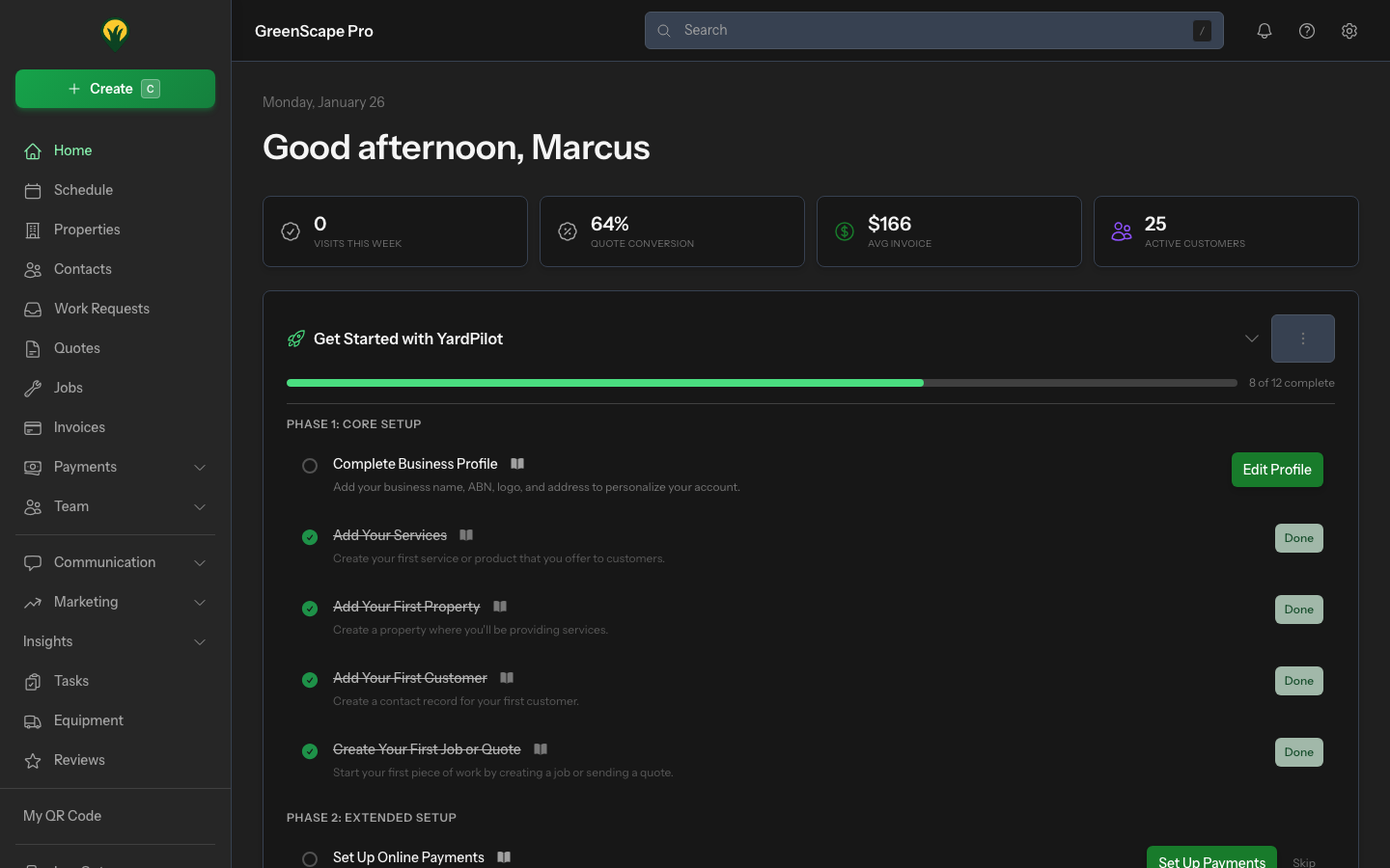 YardPilot dashboard showing key metrics, upcoming visits, and business overview