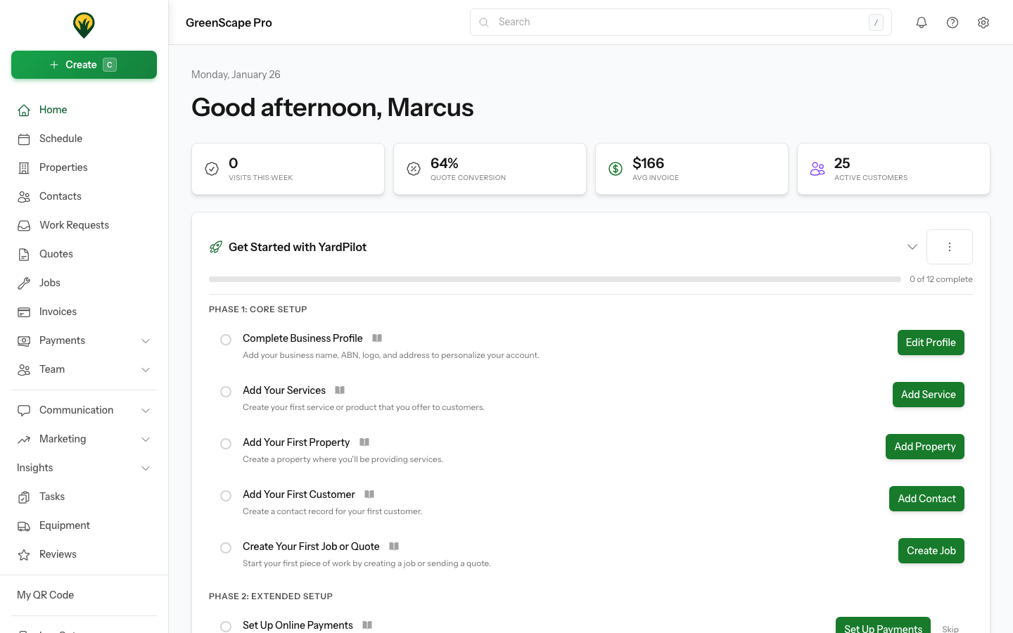 YardPilot dashboard showing key metrics, upcoming visits, and business overview