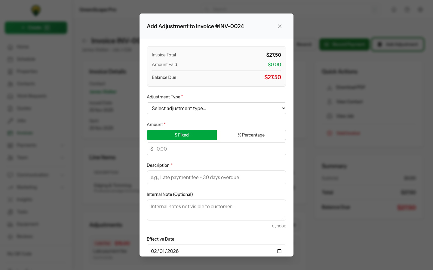 Add adjustment modal showing fields for adjustment type, amount, customer-facing description, and internal notes