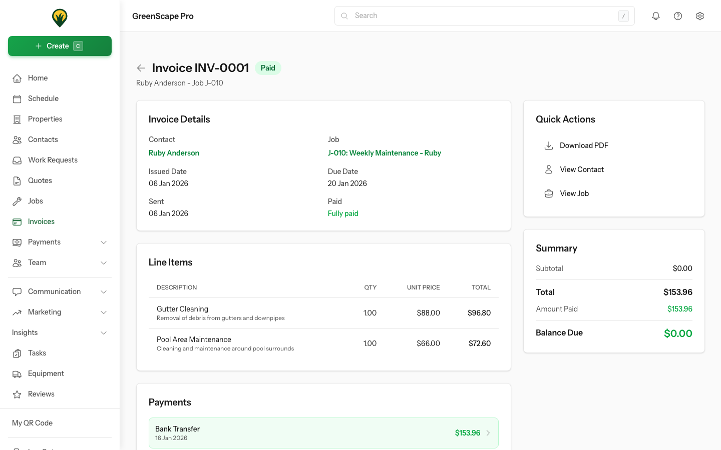 Invoice detail page showing line items, totals, GST, payment status, and client information
