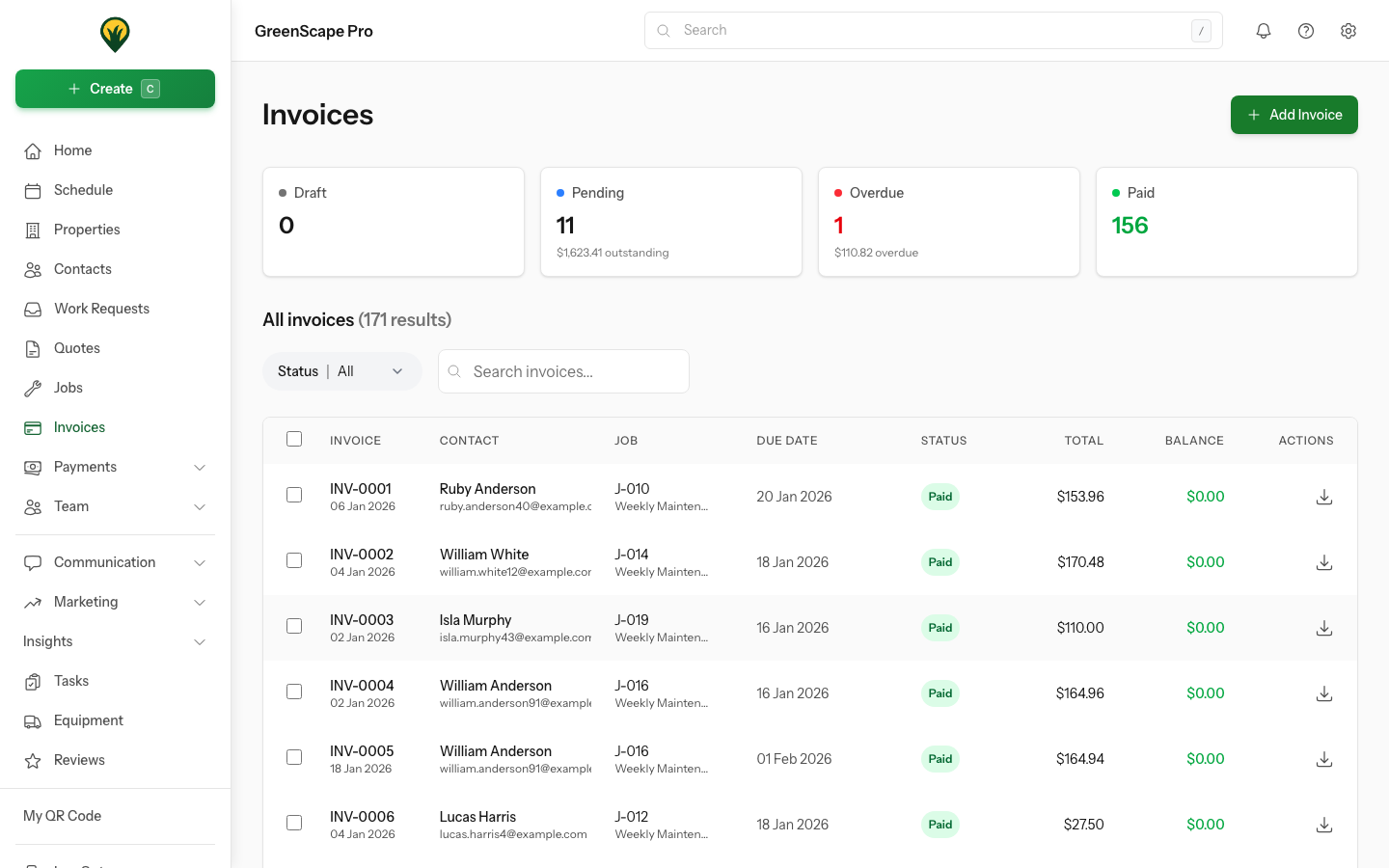 Invoices list showing invoice status, client names, amounts, due dates, and payment status