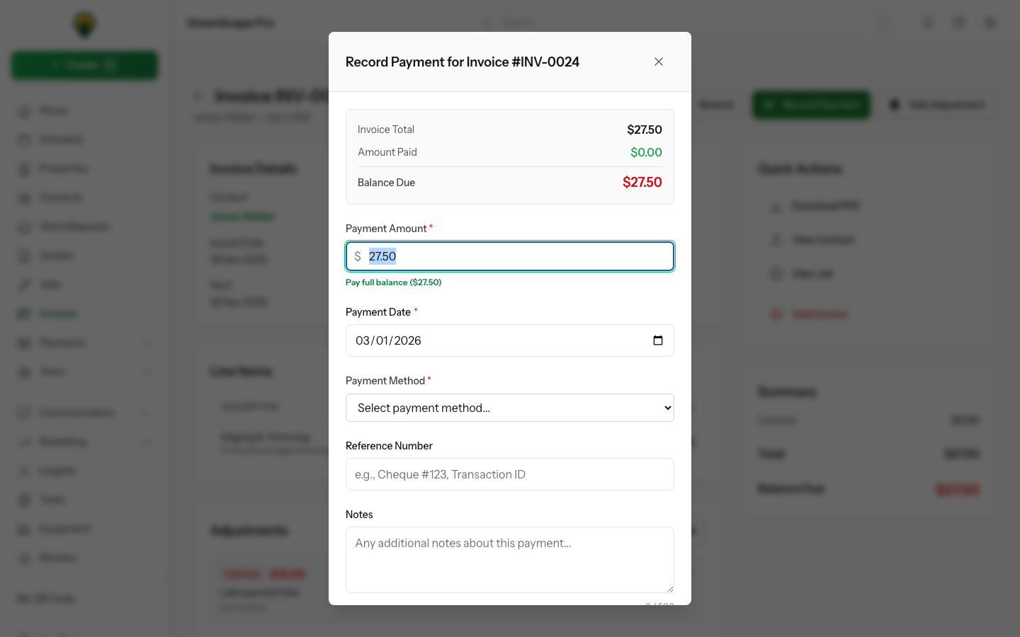 Record payment modal showing fields for payment amount, date, method, and reference number