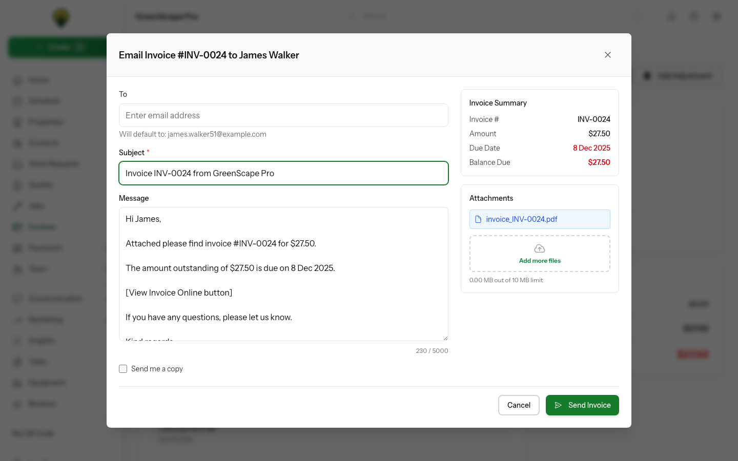 Send invoice modal showing email preview with subject line, message body, and attached visit photos