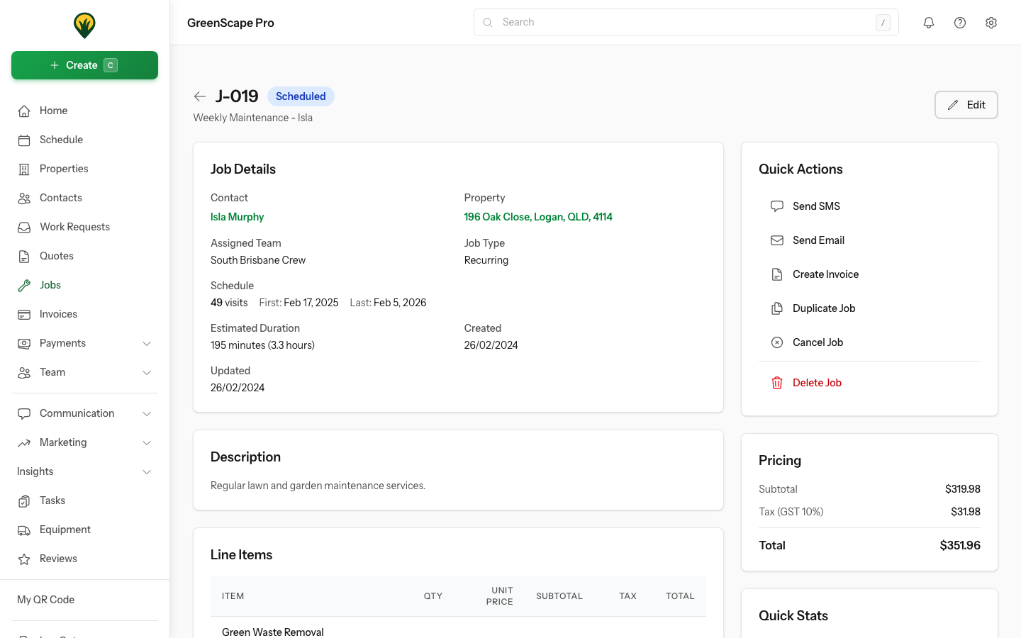Job detail page showing client information, property details, line items, scheduled visits, and team assignments