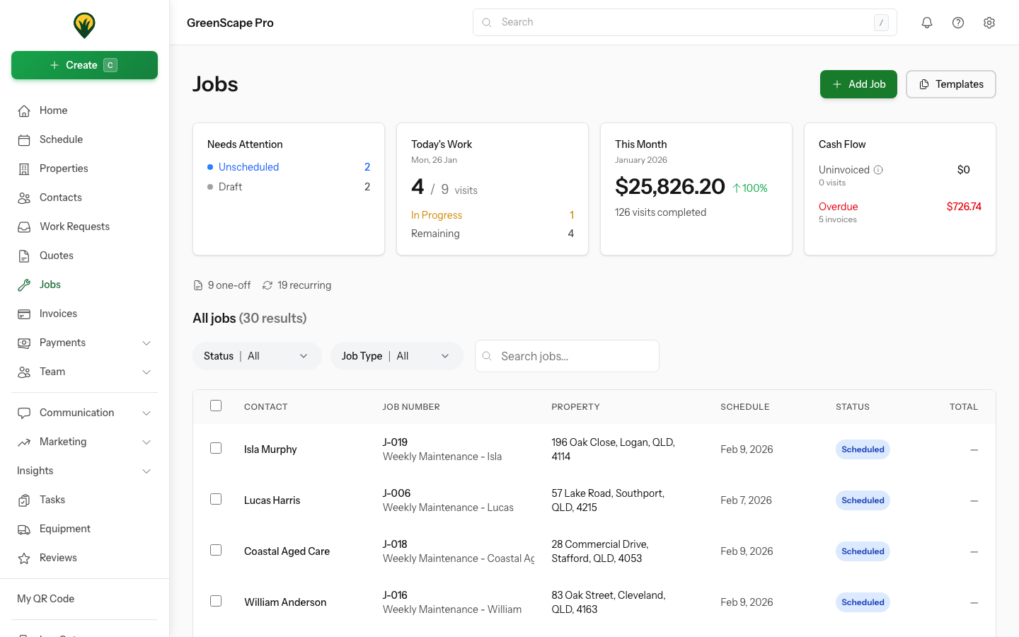 Jobs list showing active jobs with client names, property addresses, status, and assigned teams