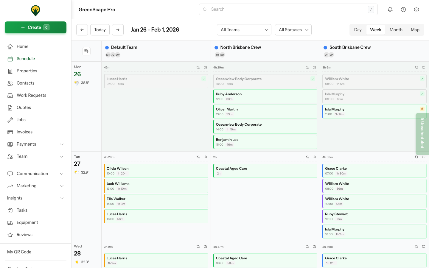 Calendar schedule view showing jobs and visits with drag-and-drop scheduling, team assignments, and day/week/month views