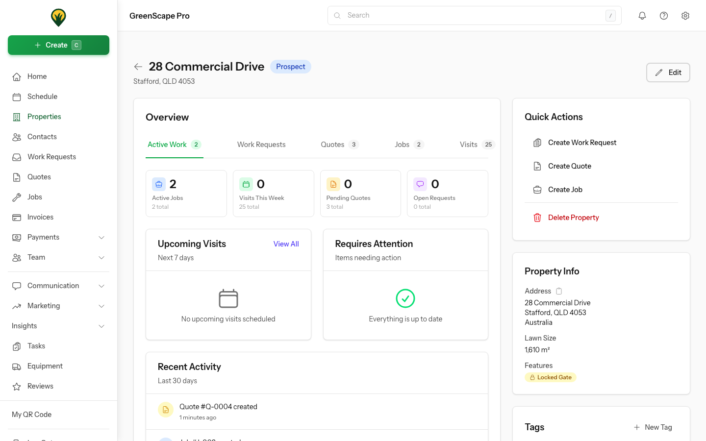 Property detail page showing address information, characteristics, contacts, access instructions, and service history