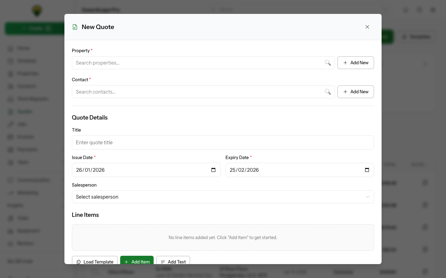 Quote creation form showing client selection, property selection, and line item entry fields