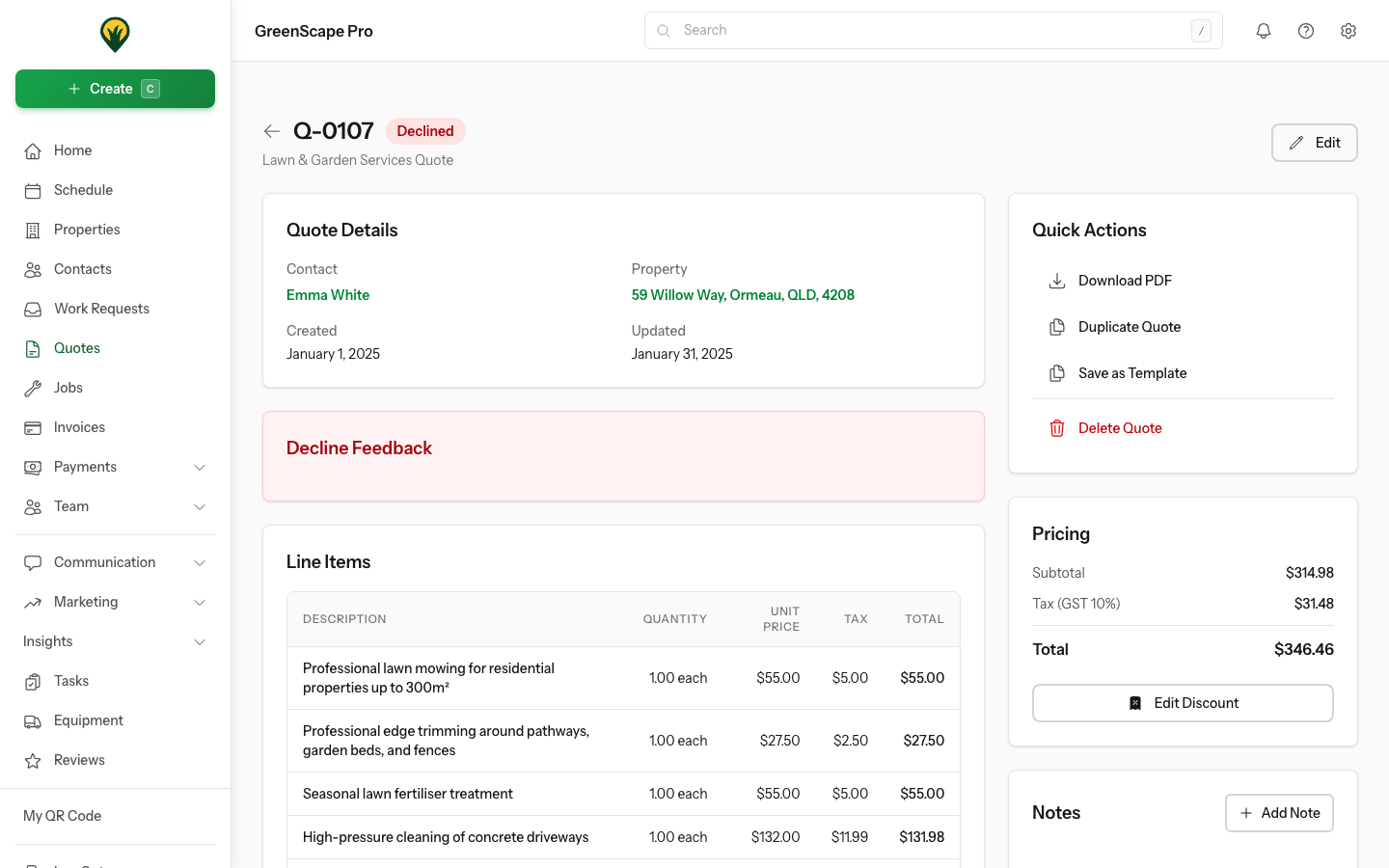 Quote detail page showing itemized services, subtotal, GST, total amount, and send quote button