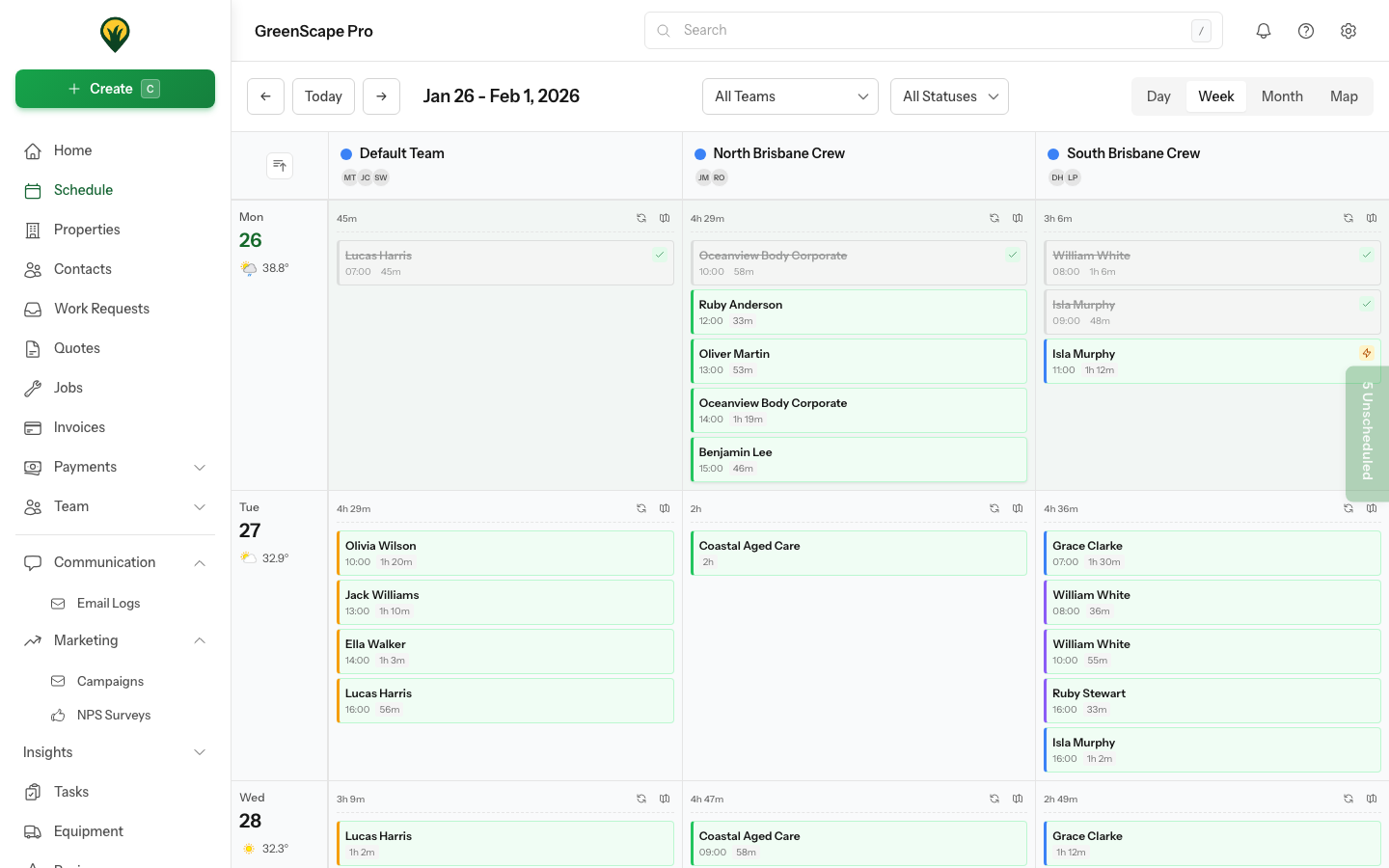 Schedule calendar view showing weather forecasts with temperature and rain probability for each day
