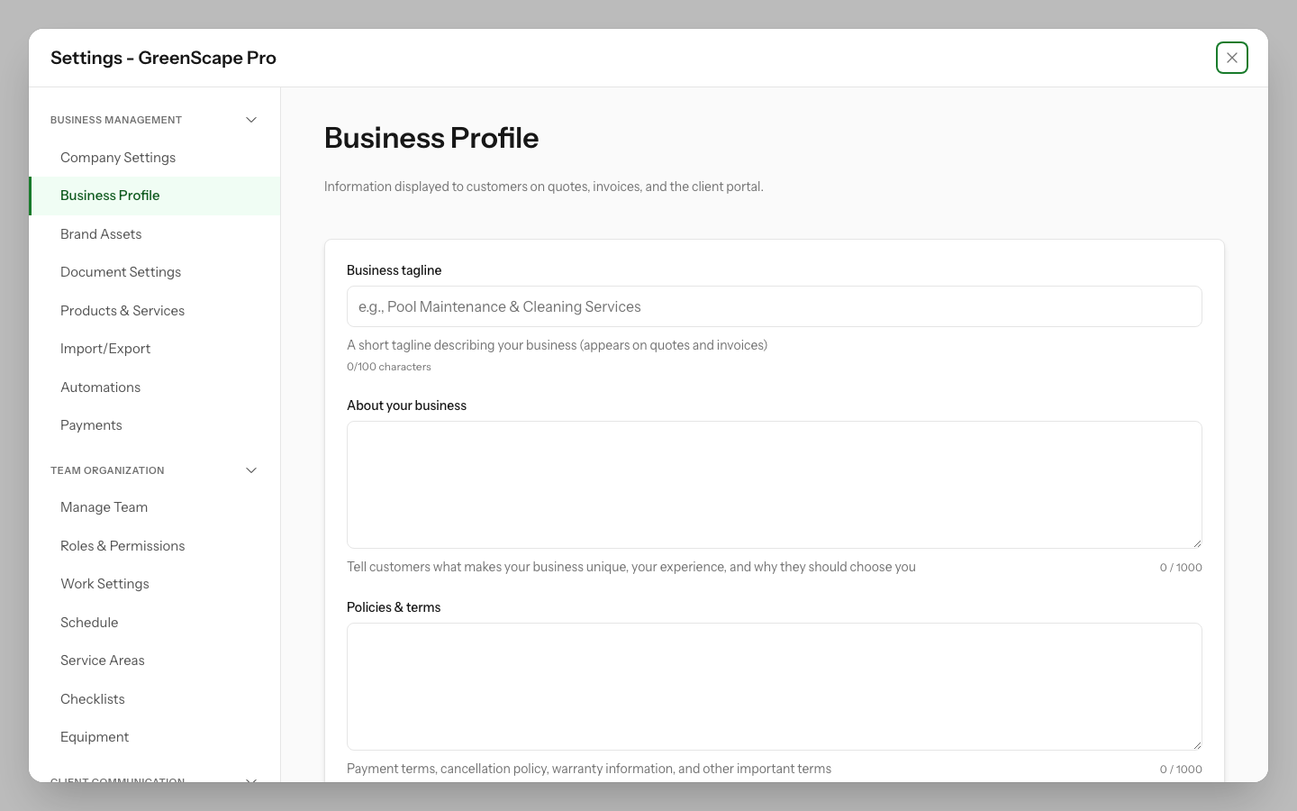Company settings page showing business details, ABN, address, and branding configuration