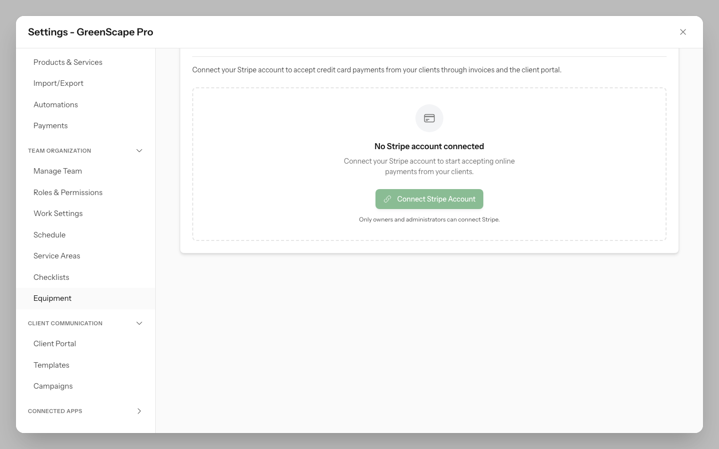 Connect integration modal showing options to connect Stripe payments, Xero accounting, or other third-party services