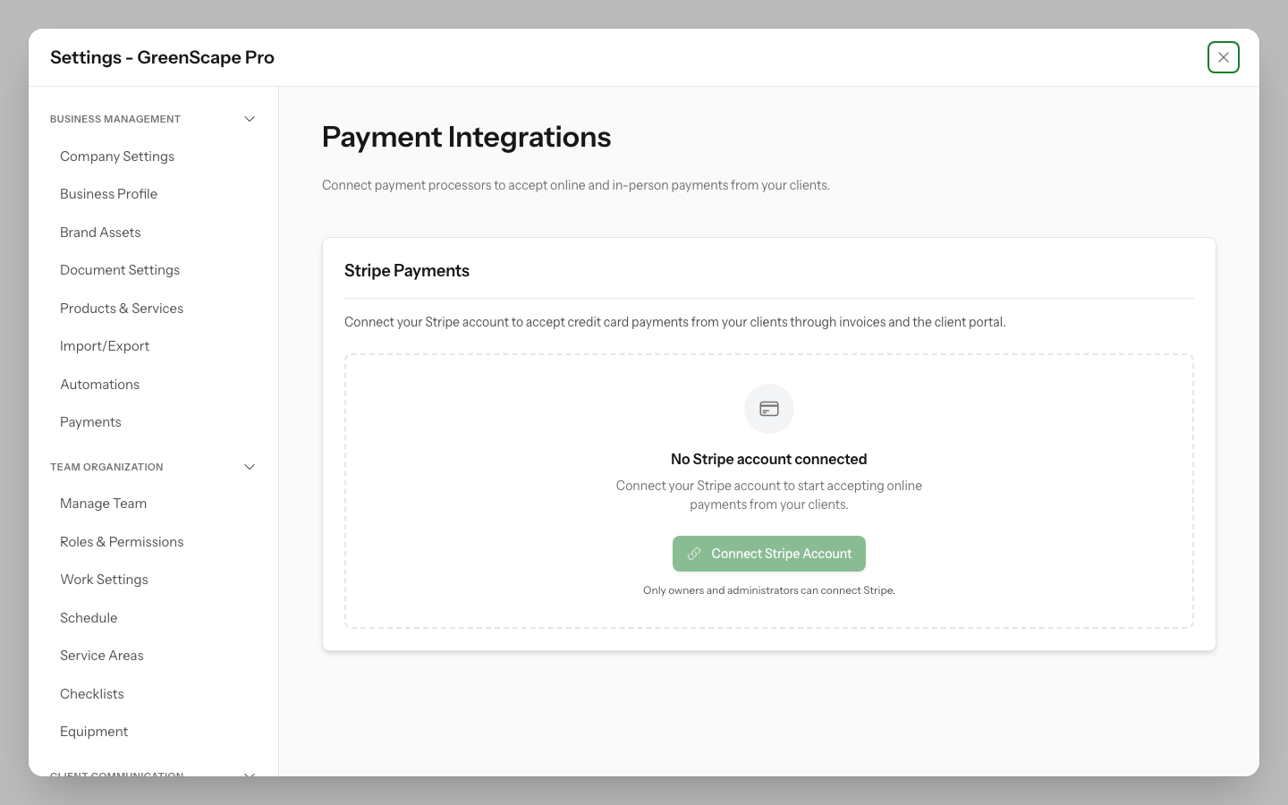 Integrations settings page showing API keys, webhook configuration, and external system connections