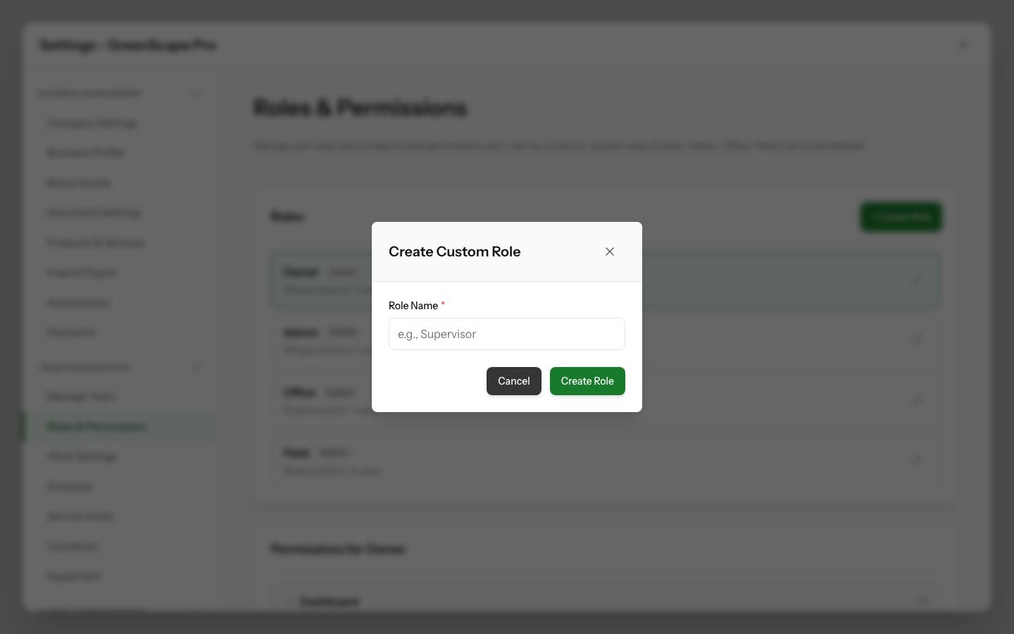 Create role modal showing a simple form with a role name field and description of what happens next