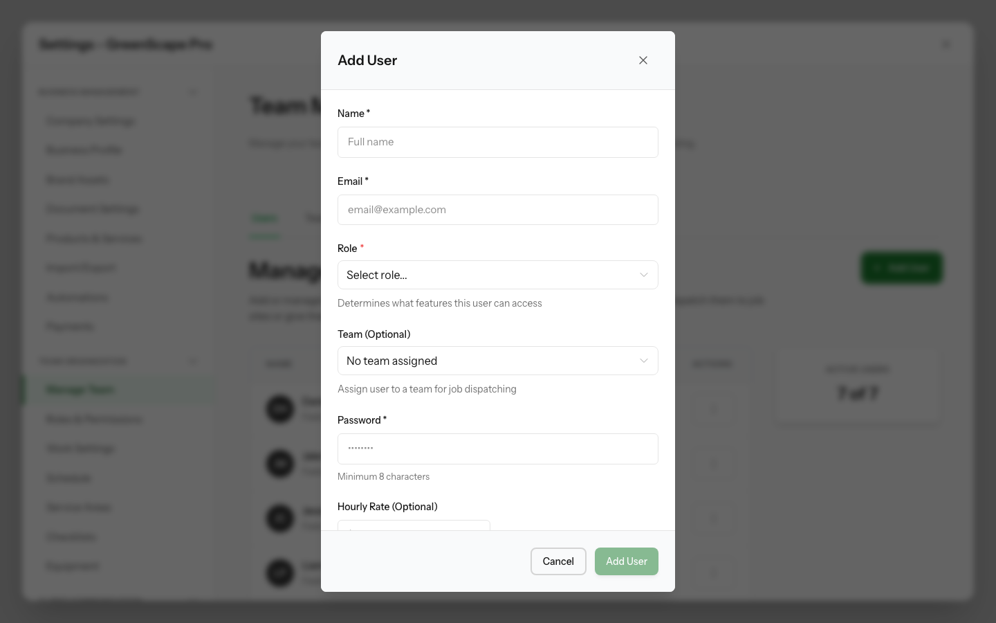 Invite user modal showing fields for email address, role selection, and optional personal message