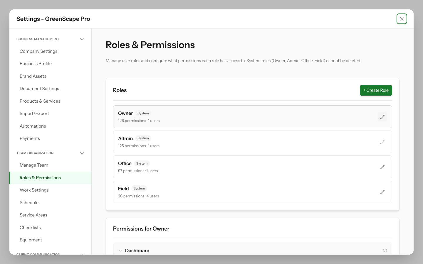 Roles and permissions management showing role details and permission matrix