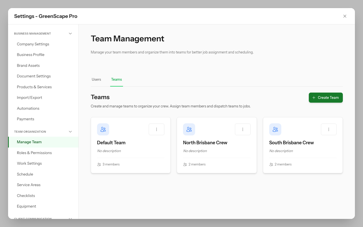Teams list showing field teams with members and assignments