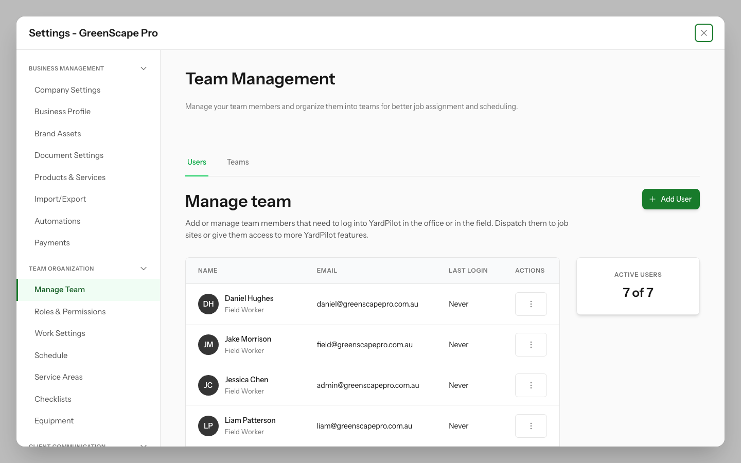 Team members list showing users, their roles, email addresses, and status