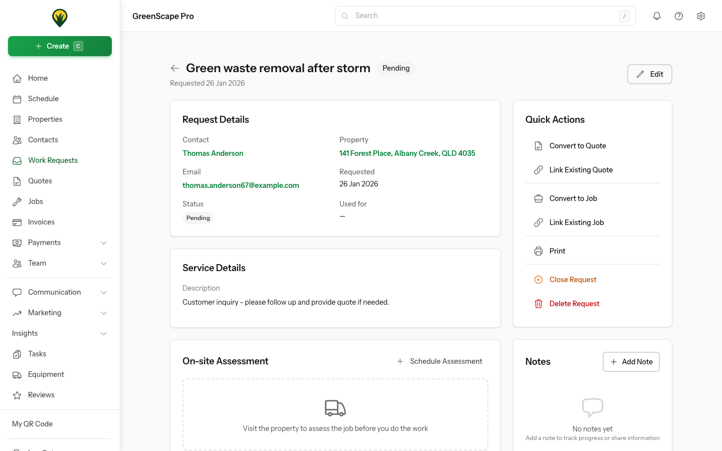 Work request detail page showing customer information, requested service, attached photos, and conversion options