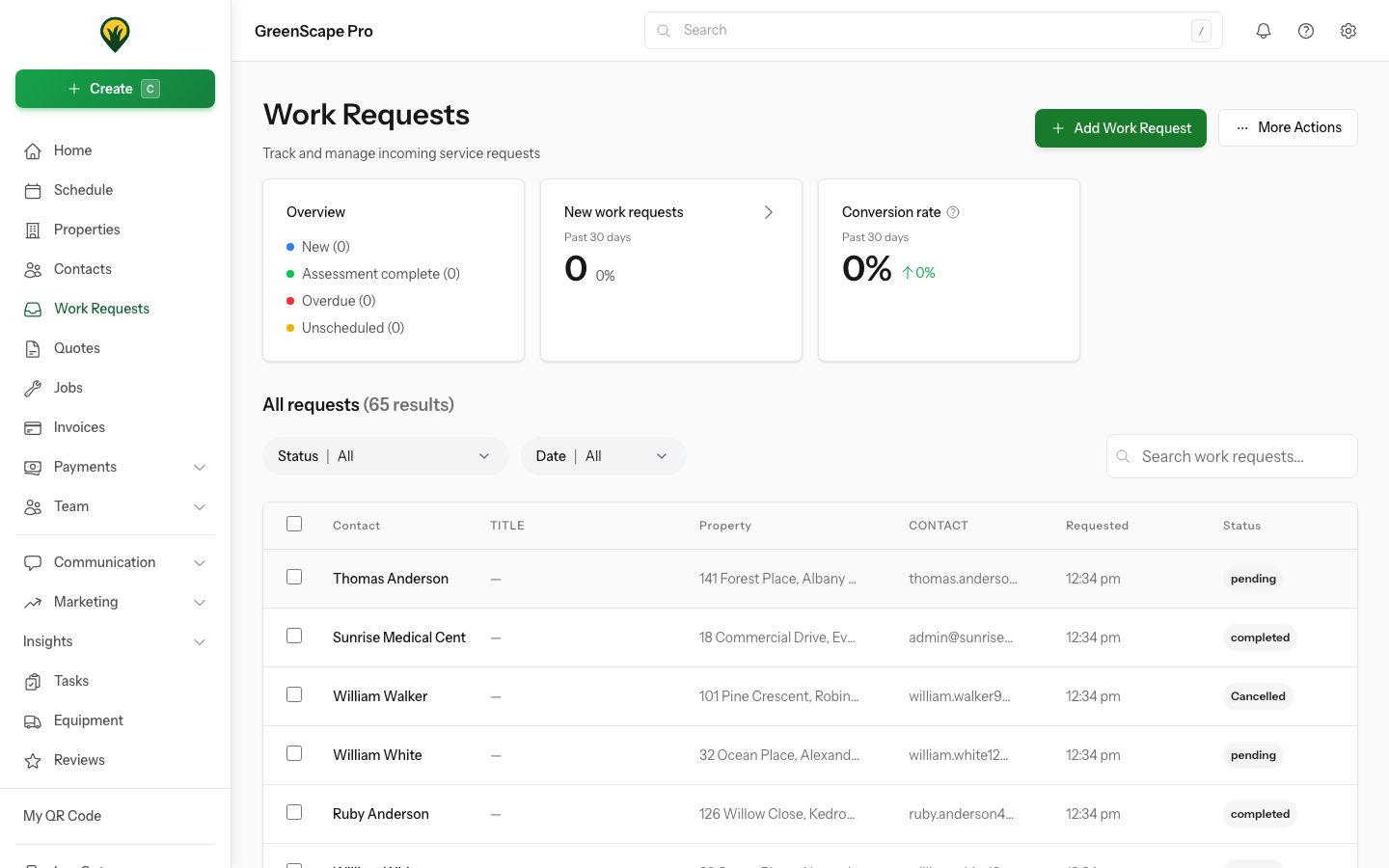 Work requests list showing customer enquiries from website contact forms with status, contact details, and service requested